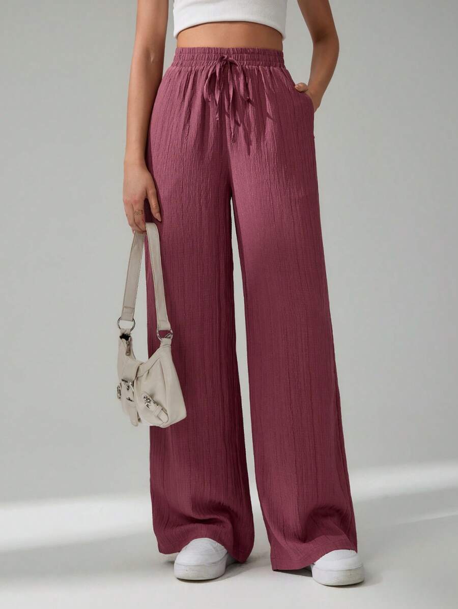 Belted Solid Color Wide Leg Casual Pants