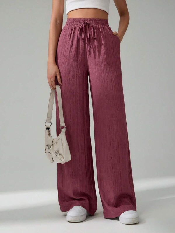 Belted Solid Color Wide Leg Casual Pants