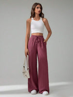 Belted Solid Color Wide Leg Casual Pants - 5