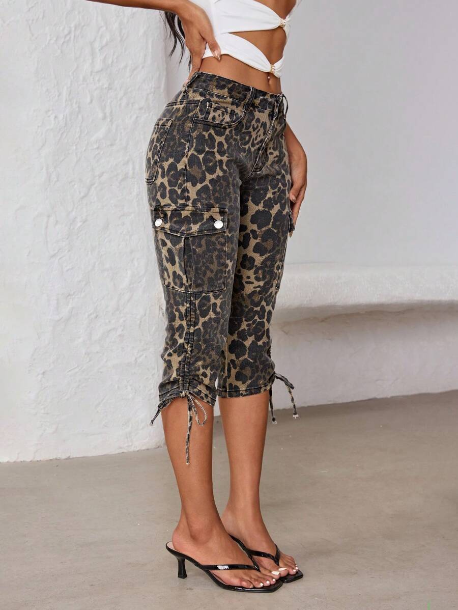 Leopard Print Drawstring Denim Pants