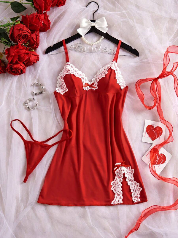 Contrast Lace Split Nightgown Set