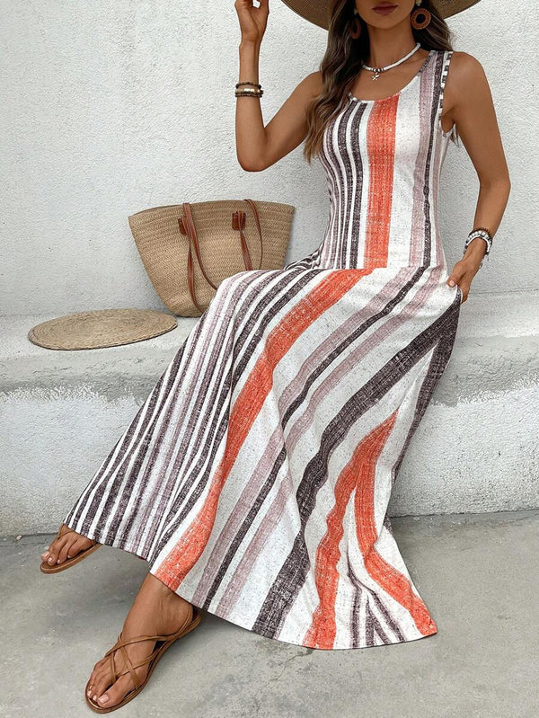 Retro Striped Sleeveless Round Neck Dress