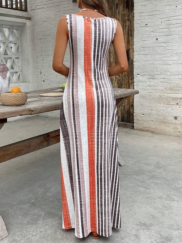 Retro Striped Sleeveless Round Neck Dress