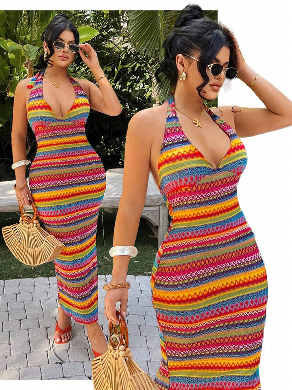 Colorful Striped Knit Beach Dress