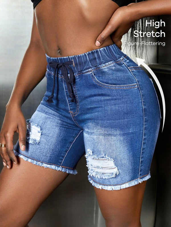 Fleece-Lined Ripped Denim Shorts