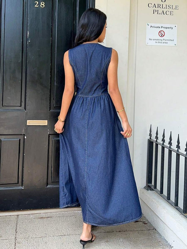 Deep V Sleeveless Denim Wrap Dress