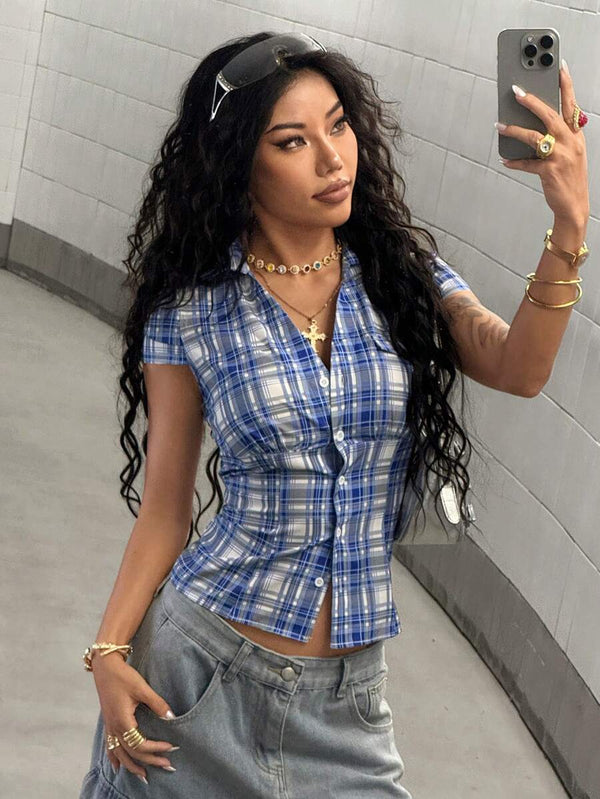 Y2K Plaid Corset Fit Button Top