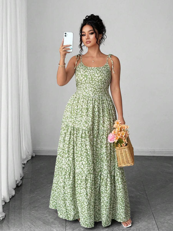 Green Ditsy Floral Backless Dress