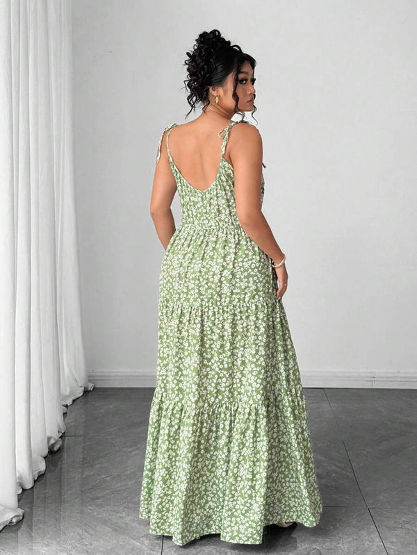 Green Ditsy Floral Backless Dress