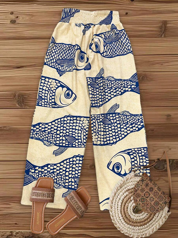 Fish Print Wide-Leg Pants