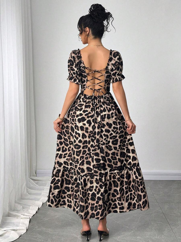 Square Neck Leopard Print Long Dress