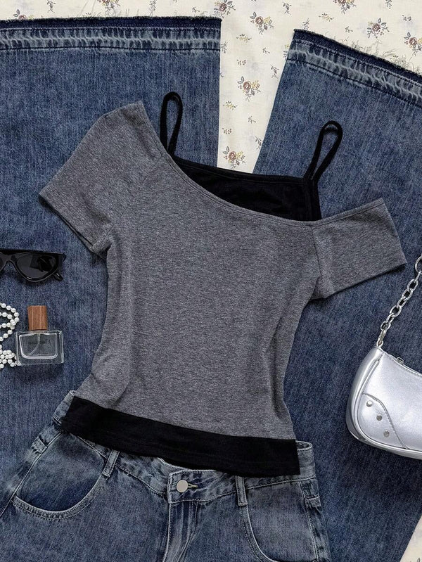 Black Cat Print Contrast T-Shirt