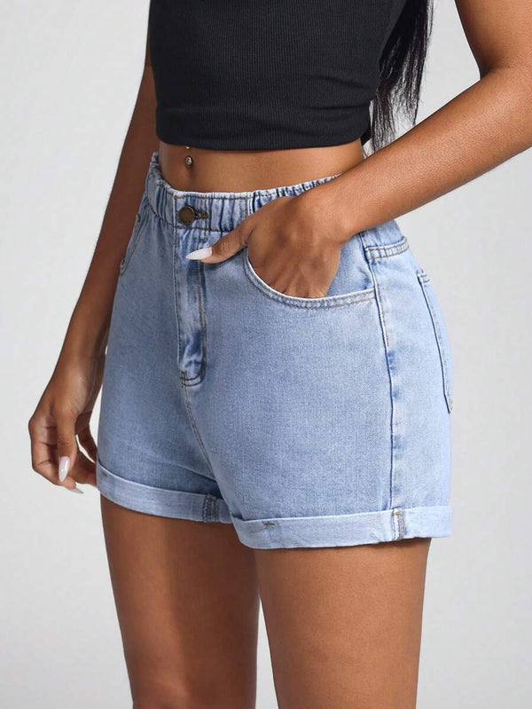 High Waist Hem Denim Shorts