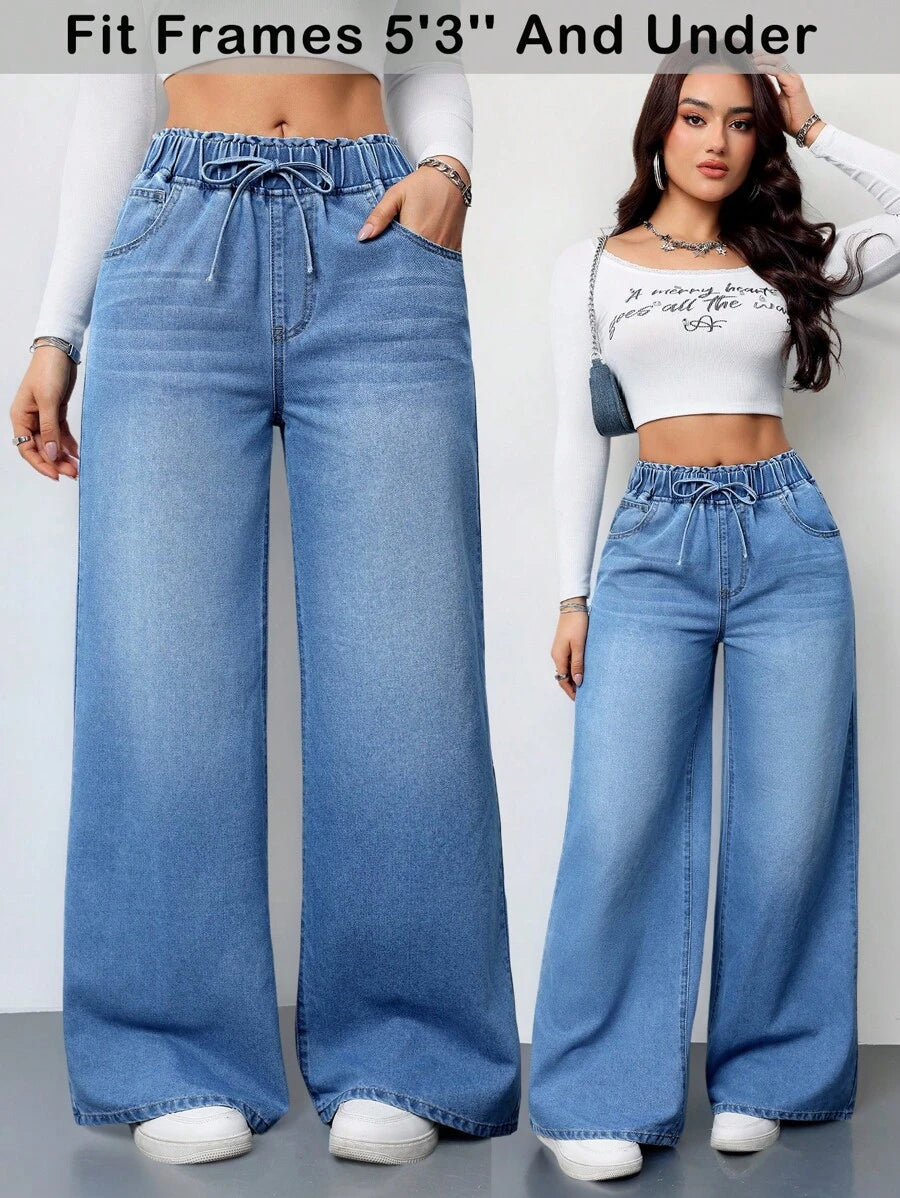 Elastic Waist Wide-Leg Jeans