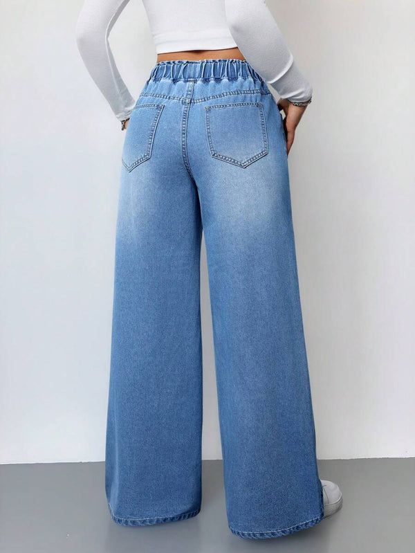Elastic Waist Wide-Leg Jeans
