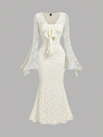 V-Neck Tie-Waist Flare Sleeve Bodycon Dress - 1