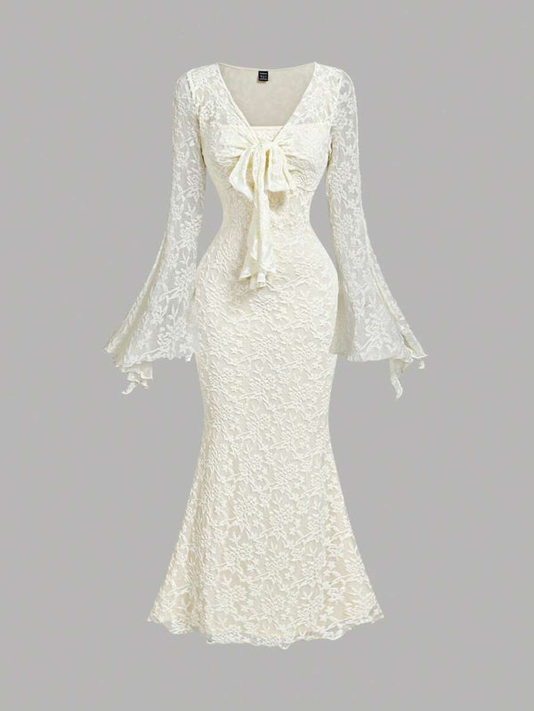 V-Neck Tie-Waist Flare Sleeve Bodycon Dress