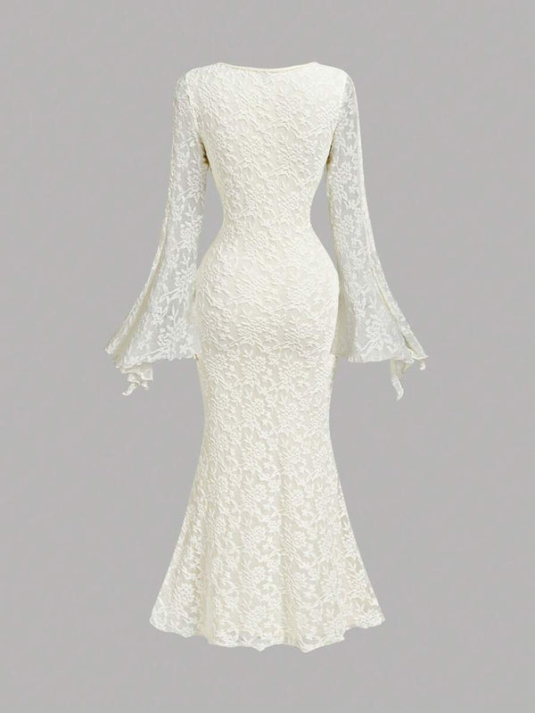 V-Neck Tie-Waist Flare Sleeve Bodycon Dress