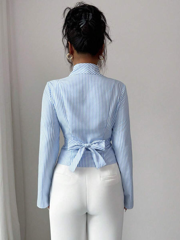 Striped Wrap Waist Cinched Shirt