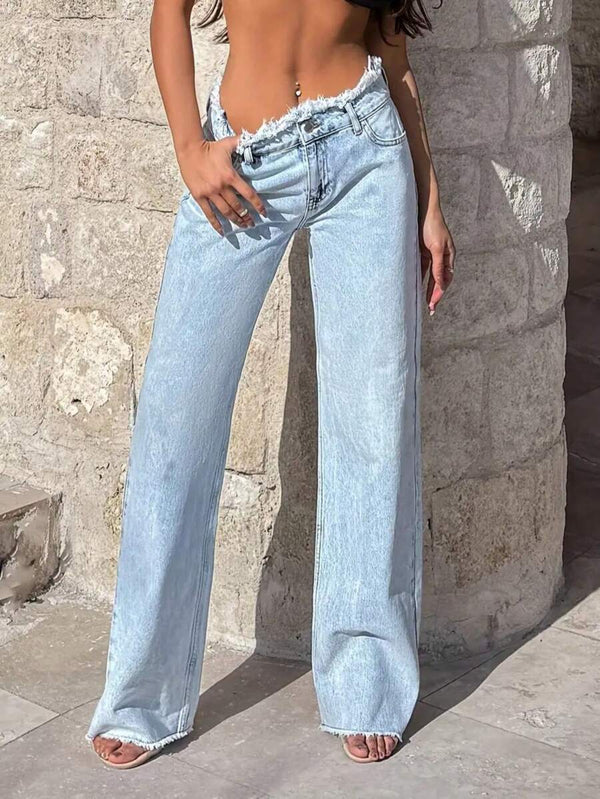 Frayed Waist Wide Leg Jeans