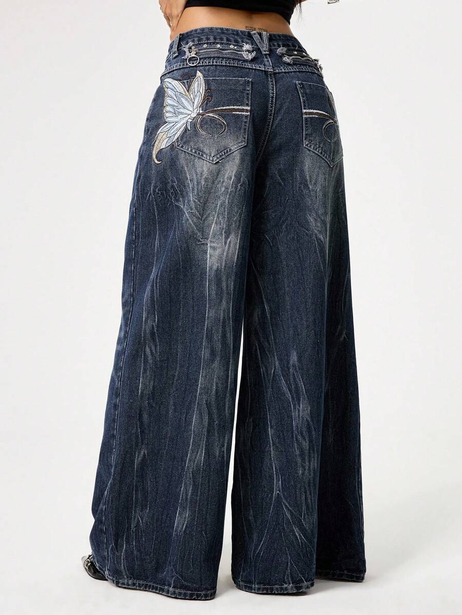 Butterfly Embroidery Washed Wide Leg Pants