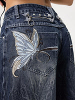 Butterfly Embroidery Washed Wide Leg Pants - 2