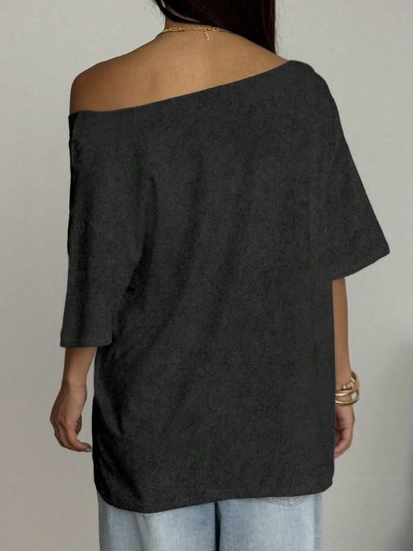 Plus Size Asymmetrical Neck Graphic Tee