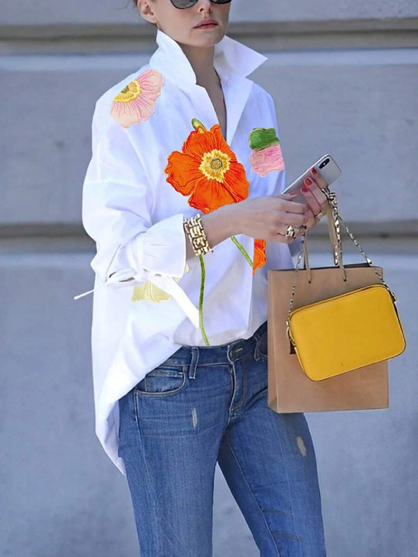 White Peony Tie-Sleeve Floral Shirt