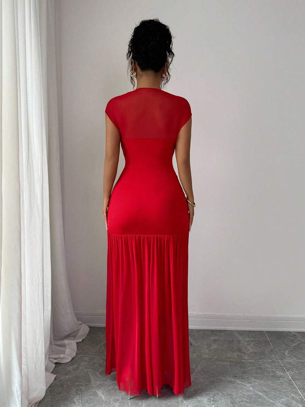 Red Hollow-Out Pleated Dress