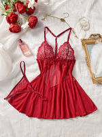 Wine Red Lace Nightgown Set - 2