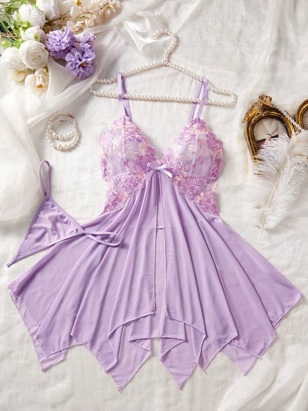 Light Purple Sheer Embroidered Nightgown Set