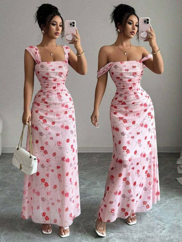 Square Neck Floral Ruched Maxi Dress