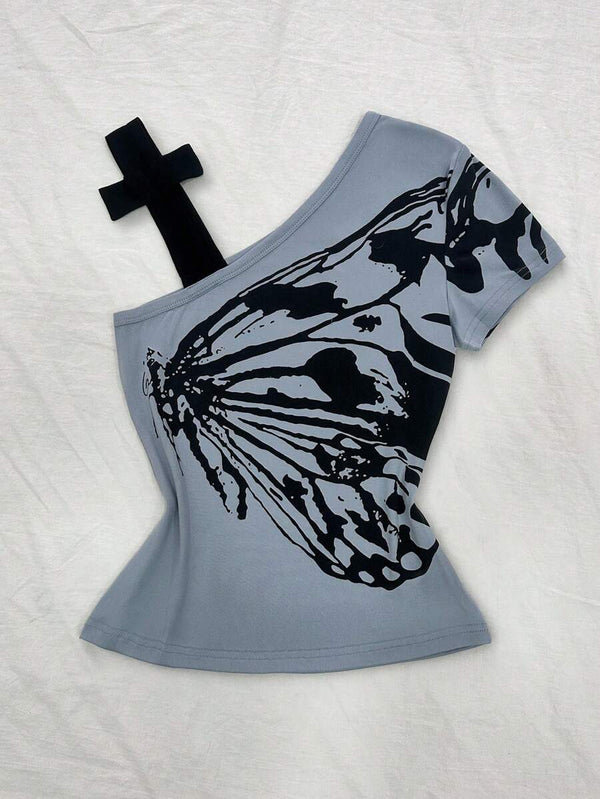 Asymmetric Neck Printed T-Shirt