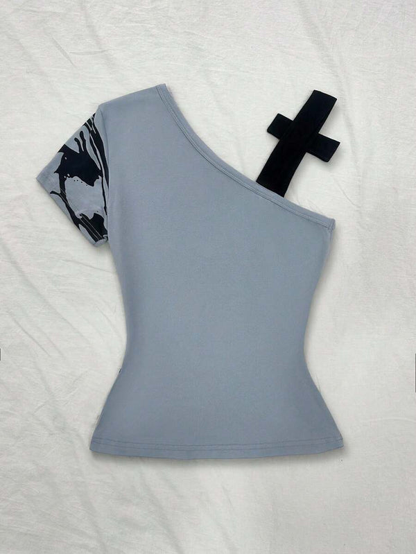 Asymmetric Neck Printed T-Shirt