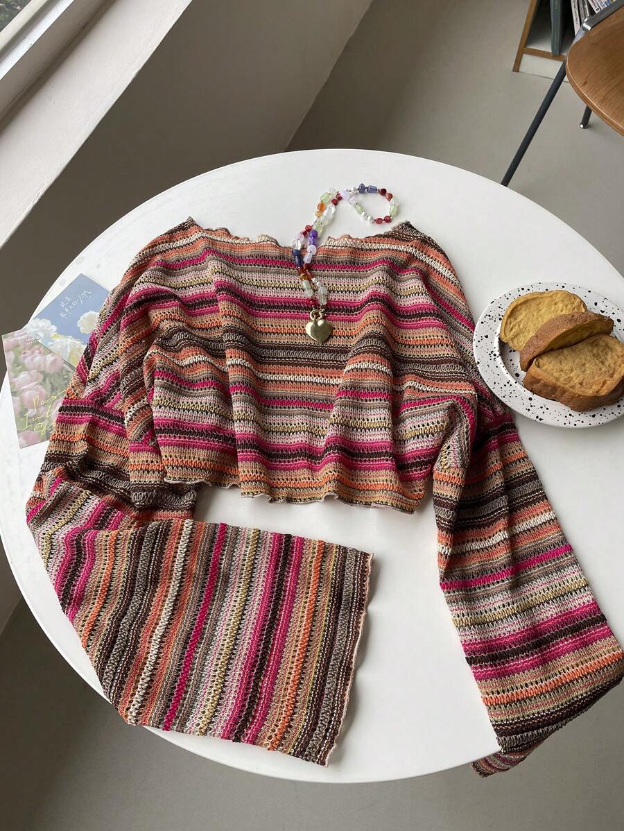 Plus Size Striped Cropped Knit T-Shirt