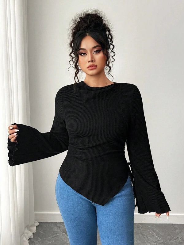 Plus Size Frill Trim Flare Sleeve Top