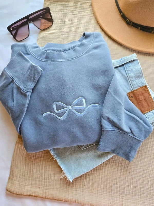 Bow Embroidery Round Neck Long Sleeve