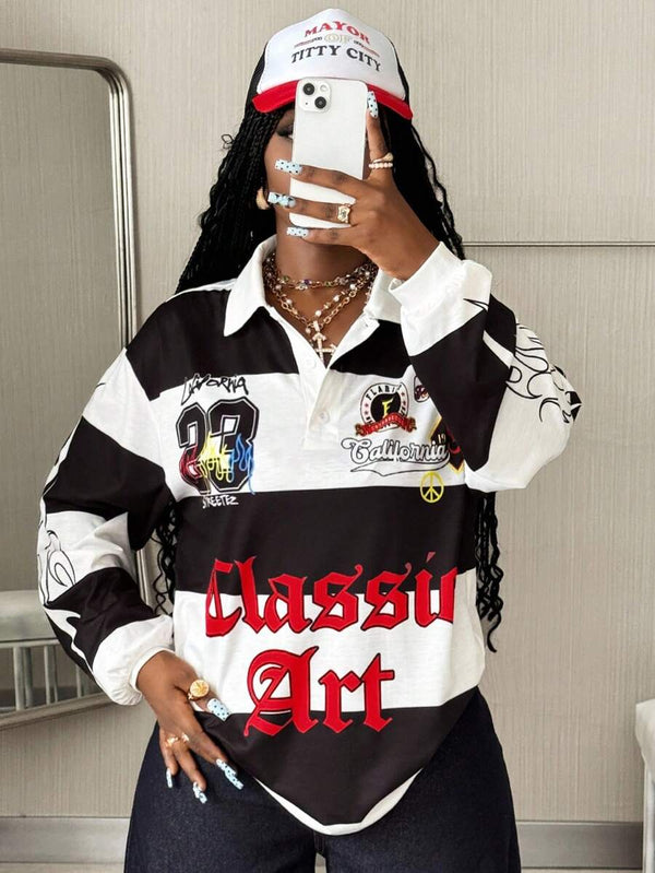 Y2K Striped Graphic Polo Tee