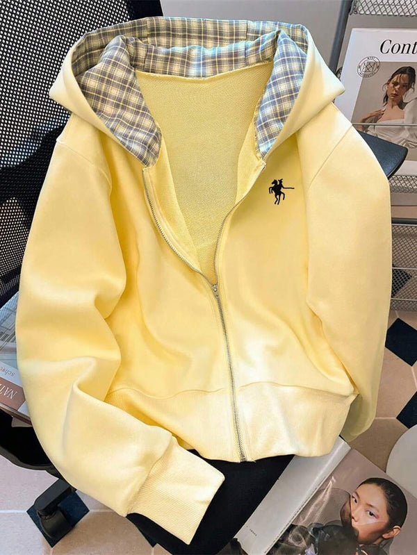 Plaid Collar Zip-Up Hoodie