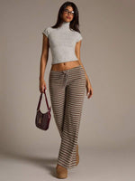 Brown Striped Low-Waist Pants - 5