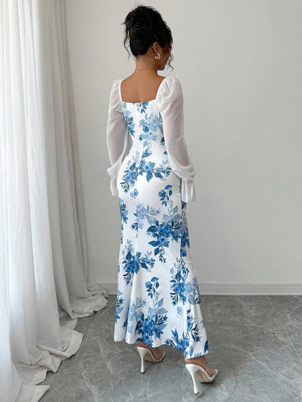 Square Neck Chiffon Puff Sleeve Dress