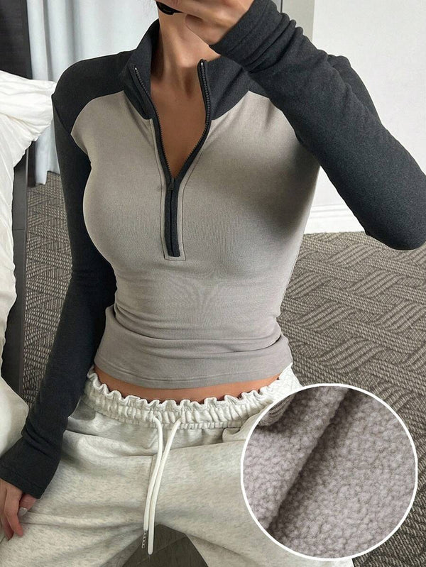 Zip-Up Contrast Raglan Crop Top