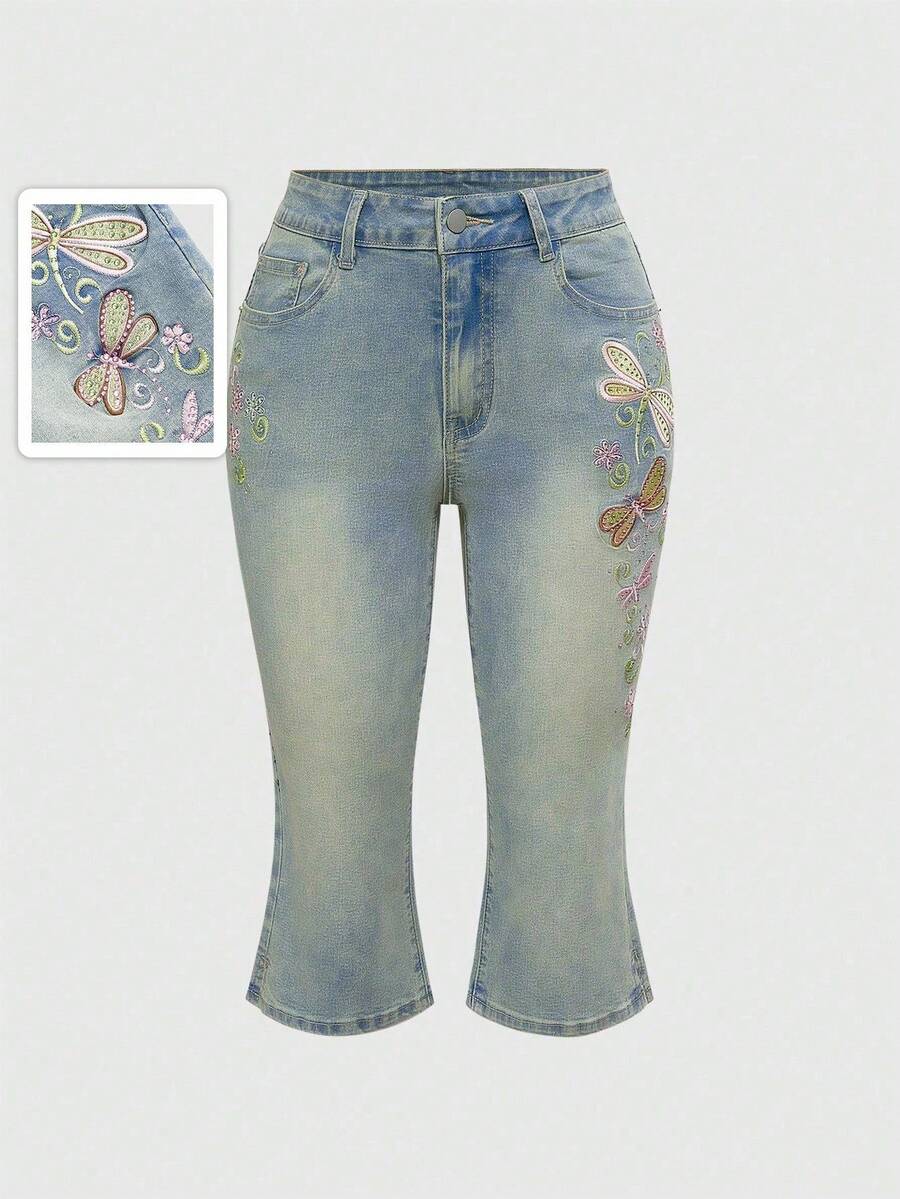 Dragonfly Embroidery Super Low Waist Capri Jeans