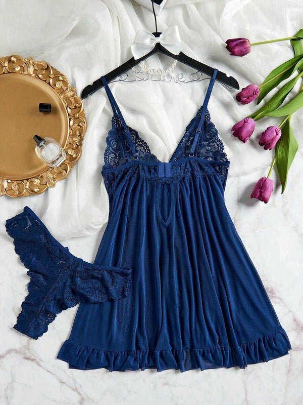 Deep V Lace Lotus Lingerie Set