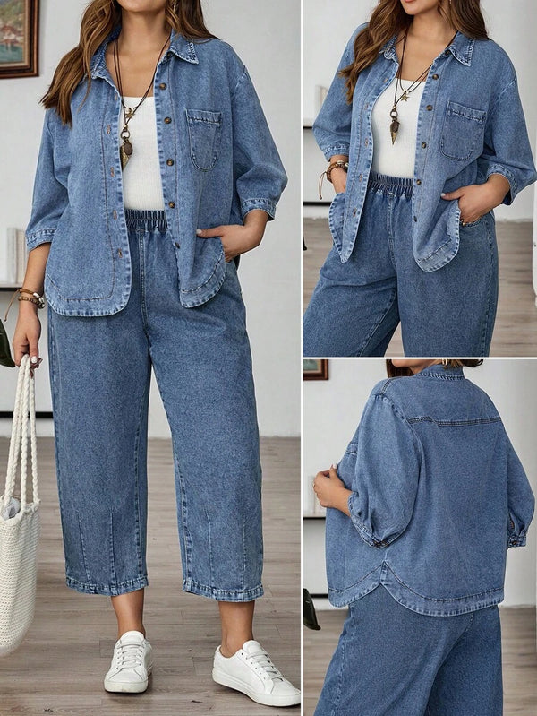 Plus Size Button-Up Denim Blouse