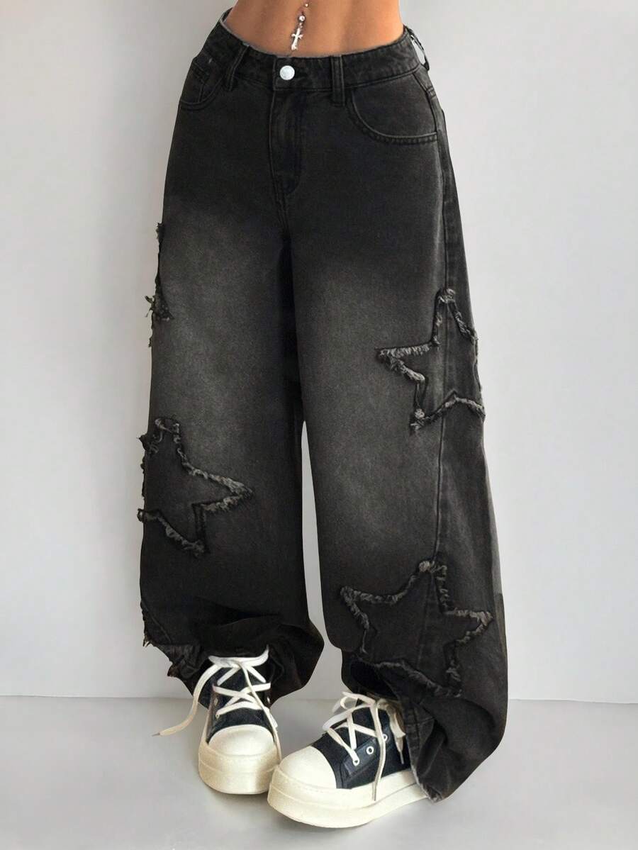 Star Patch Washed Baggy Jeans