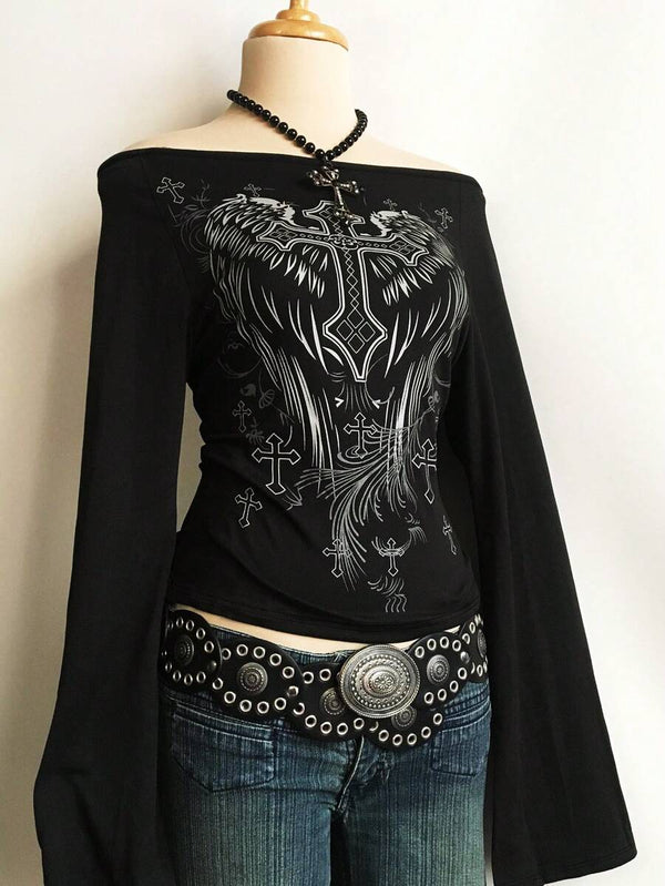 Y2K Cross Print Off Shoulder Top