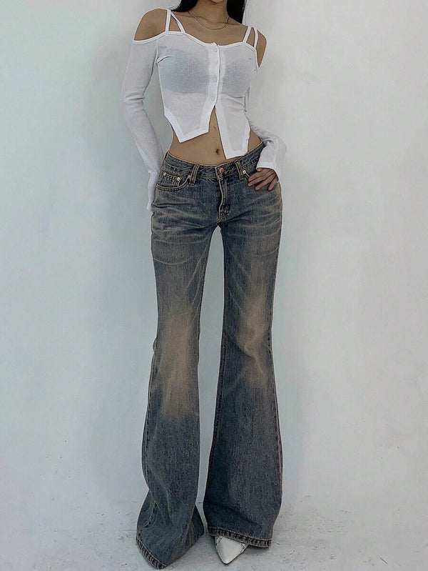 Low-Rise Pocketed Denim Flare Pants