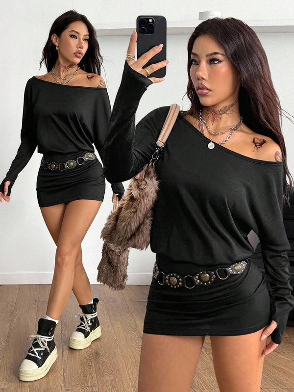 Asymmetrical Batwing Knit Mini Dress