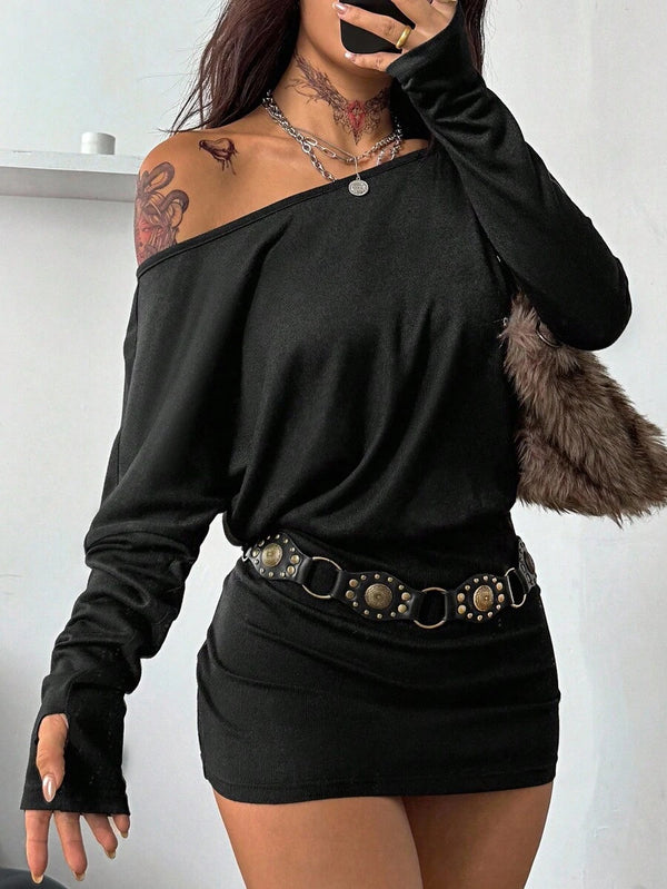 Asymmetrical Batwing Knit Mini Dress